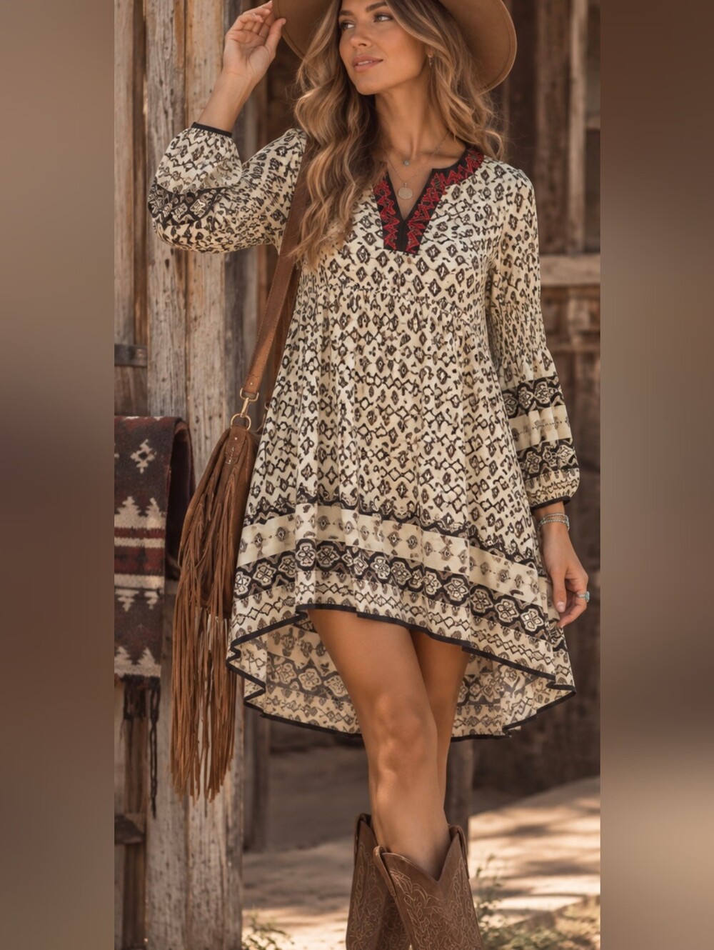 Umgee Size S Boho Geometric Print Tunic Dress Embroidered Sleeve